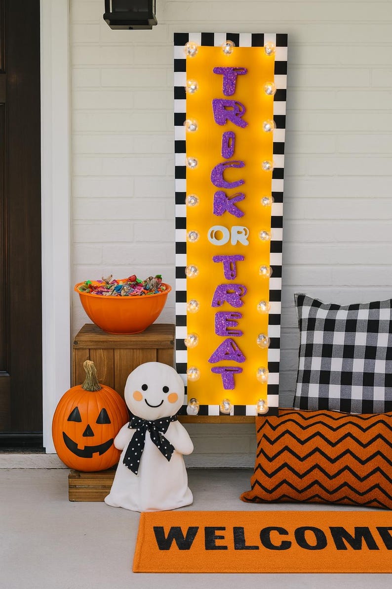 Puede incluir: Un letrero rectangular vertical con centro amarillo y borde a cuadros blancos y negros, que presenta el texto morado brillante TRICK OR TREAT y bombillas iluminadas. Incluye una calabaza, un peluche de fantasma y un felpudo.