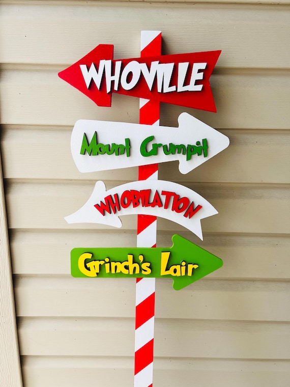 Grinch Christmas Porch Sign,  Whoville Sign Post, Christmas Grinch Sign, Candy Cane Directional Signpost. Front Porch Holiday Decor