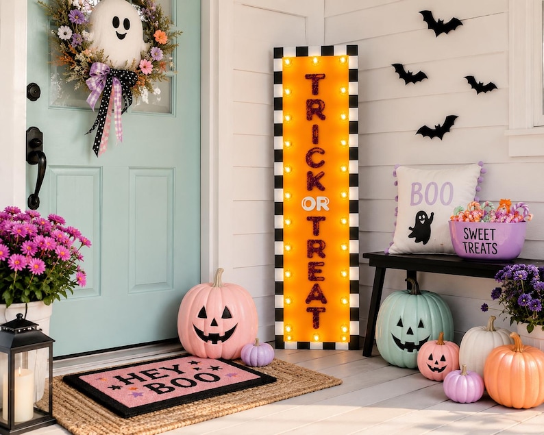 Puede incluir: Un letrero luminoso rectangular alto con un borde a cuadros blancos y negros y un centro naranja que muestra el texto TRICK OR TREAT en letras negras. El letrero est&aacute; rodeado de decoraciones de Halloween, calabazas y una corona.