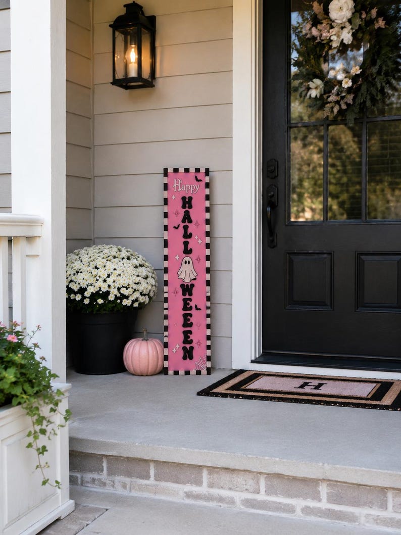 Pink Halloween Porch Leaner, Ghost Porch Sign, Cute Spooky Decor, Pastel Halloween Decor, Modern Outdoor Halloween Decoration image 17