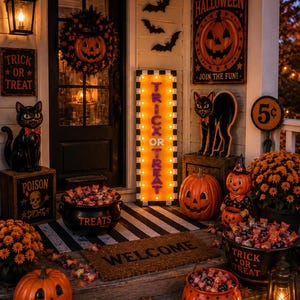 Puede incluir: Decoraci&oacute;n de porche para Halloween con un letrero luminoso de Trick or Treat, calabazas, figuras de gatos negros y calderos llenos de dulces. Incluye una corona, carteles de Poison y 5 cents, y crisantemos naranjas sobre una alfombra a rayas.