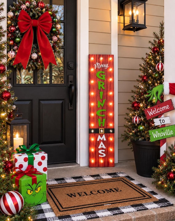 Merry Grinchmas Sign, Light Up Christmas Porch Sign, Christmas Porch Leaner. Whoville Sign, Front Porch Decor