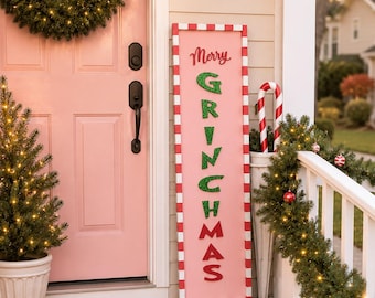 Pink Grinch Christmas Porch Leaner, Merry Grinchmas Whoville Holiday Sign.