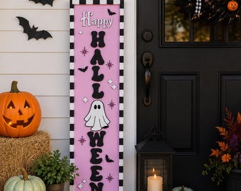 Pink Halloween Porch Leaner, Ghost Porch Sign, Cute Spooky Decor, Pastel Halloween Decor, Modern Outdoor Halloween Decoration