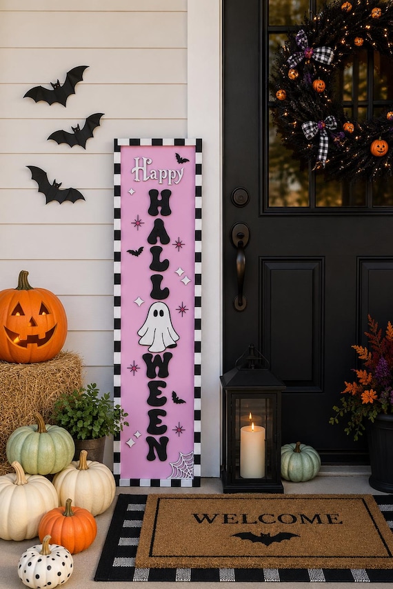 Pink Halloween Porch Leaner, Ghost Porch Sign, Cute Spooky Decor, Pastel Halloween Decor, Modern Outdoor Halloween Decoration