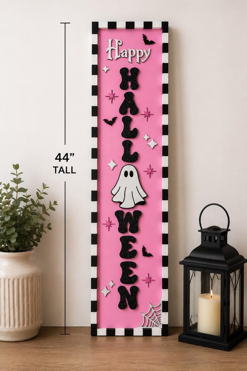 Pink Halloween Porch Leaner, Ghost Porch Sign, Cute Spooky Decor, Pastel Halloween Decor, Modern Outdoor Halloween Decoration image 5