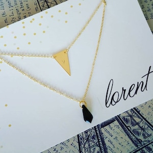 Gold Filled 3-lagige Layered Kette ( Layered ): Dreieck Anhänger & Swarovski black crystal