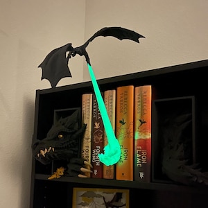Fire Breathing Dragon Wyvern Book Nook or Wall Mount - 3D Print Customizable colors - Glow in Dark Flame - Bookshelf Decor Bookish Merch