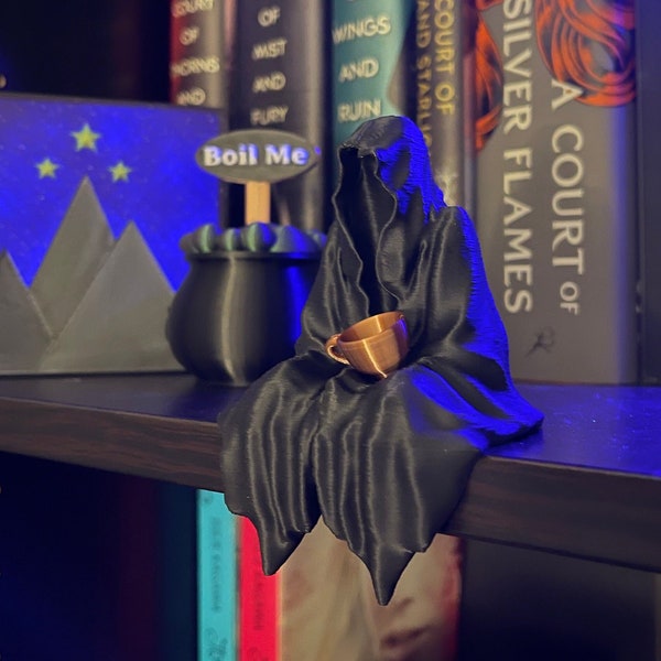 Sitting Ghost Figurine with Tea Cup 3D Print Book Self Decor Bookish Merch Grim Reaper