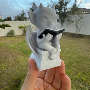May include: A small, gray gargoyle statue with a book. The statue has wings, horns, and is seated on a rectangular base. The book is black. The statue is held in a hand against a background of green grass and a white fence.