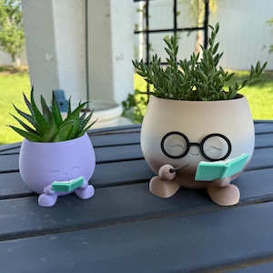 May include: Two whimsical planters, one lavender and one beige, each holding greenery. The planters are designed with faces, glasses, and tiny books, creating a charming, playful aesthetic. The planters are sitting on a dark gray table.