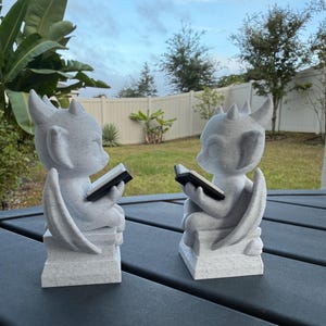May include: Two gray dragon statues, each reading a black book. The statues have wings and sit on a rectangular base. The background shows a cloudy sky and green grass.