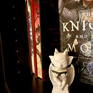 May include: A small, light gray gargoyle statue reading a book, positioned on a black shelf next to several books. The books have red and black covers. One book has the title "The Knights and the Moon" on the cover.