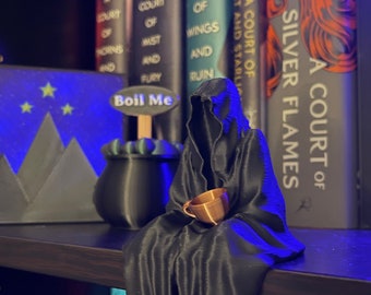 Sitting Ghost Figurine with Tea Cup 3D Print Book Self Decor Bookish Merch Grim Reaper