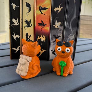 May include: Two orange cat figurines with large white eyes and black sunglasses. One cat has a backpack, the other holds a green object. Behind them are several books with dragon illustrations on the spines.