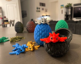 3D Print Small Dragon Egg with Tiny Articulating Dragon You Choose Color Dragon and Egg Customizable Great Gift