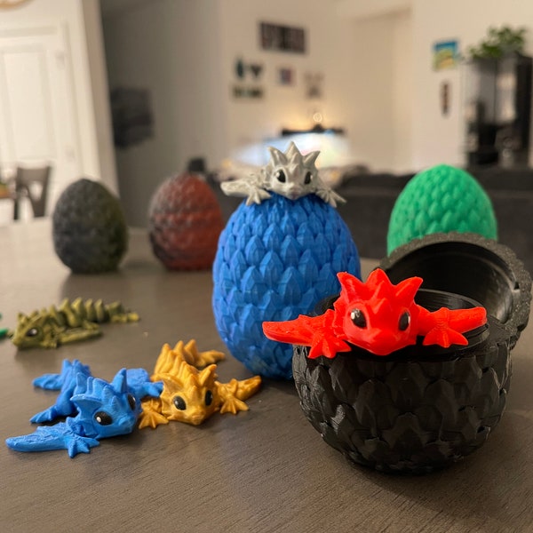 3D Print Small Dragon Egg with Tiny Articulating Dragon You Choose Color Dragon and Egg Customizable Great Gift