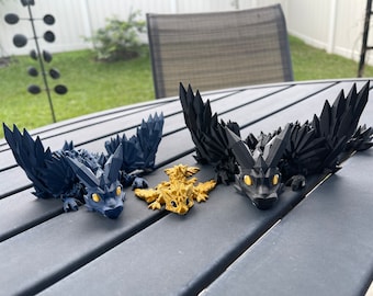 Ensemble dragon noir, bleu et or, grands ou très grands dragons articulés imprimés en 3D