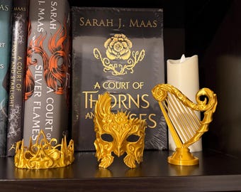 Golden Trove - Crown Mask and Harp - 3d printed - Bookshelf Decor