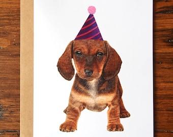 Dachshund Puppy Birthday Card, Hand-Painted Watercolour Dog Greeting Card