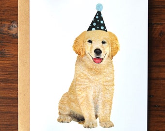 Golden Retriever Puppy Birthday Card, Hand-Painted Watercolour Dog Greeting Card