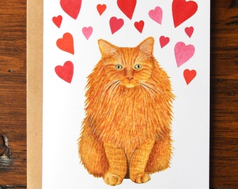 Ginger Cat Jubiläums- / Valentinstagskarte, handgemalte Aquarell-Katzen-Grußkarte