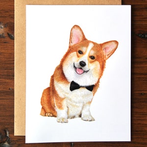 Corgi Watercolour Greeting Card, Hand-Painted Watercolour Dog Card, Corgi Bowtie Card