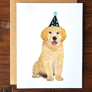 Carte de voeux aquarelle d'anniversaire de chiot Golden Retriever, carte d'anniversaire de chien aquarelle peinte à la main