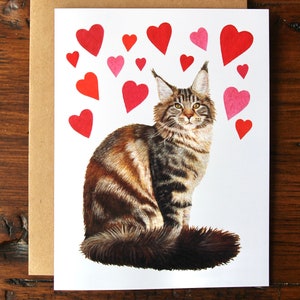 Maine Coon Anniversary/Valentine Watercolour Greeting Card, Hand-Painted Watercolour Cat Anniversary Card/Valentine Card