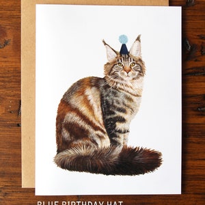 Carte de voeux aquarelle pour anniversaire Maine Coon, carte d'anniversaire chat aquarelle peinte à la main