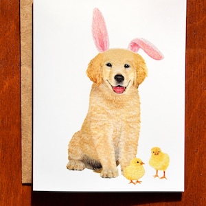 Biglietto d'auguri pasquale con Golden Retriever, biglietto d'auguri pasquale con cucciolo dipinto a mano, acquerello.