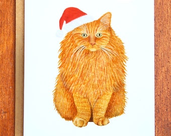 Ginger Cat Christmas Watercolour Greeting Card, Hand-Painted Watercolour Cat Christmas Card