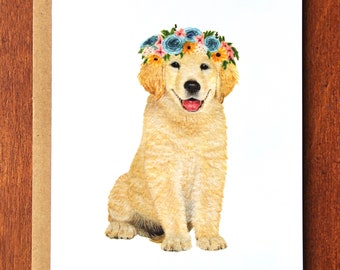 Golden Retriever Puppy Flower Crown Watercolour Greeting Card, Hand-Painted Watercolour Dog Flower Crown Card