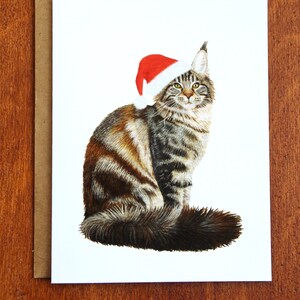 Carte de voeux aquarelle de Noël Maine coon, carte de Noël aquarelle chat peinte à la main