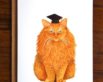Ginger Cat Graduation Card, Hand-Painted Watercolour Cat Greeting Card