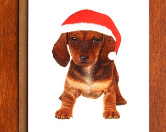 Dachshund Christmas Watercolour Greeting Card, Hand-Painted Watercolour Puppy Christmas Card