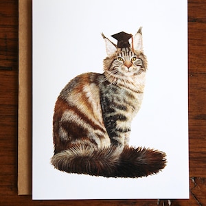 Maine Coon afstuderen aquarel wenskaart, handgeschilderde aquarel kat afstuderen kaart