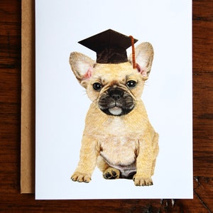 Cartão de formatura em aquarela para filhote de buldogue francês, cartão de formatura em aquarela pintado à mão para cachorro