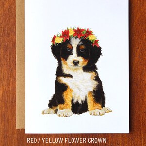 Bernedoodle Puppy Flower Crown Watercolour Greeting Card, Hand-Painted Watercolour Dog Flower Crown Card