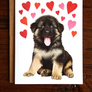 Biglietto d'auguri per anniversario/San Valentino con cucciolo di pastore tedesco, biglietto d'auguri per anniversario/San Valentino con cane dipinto a mano ad acquerello
