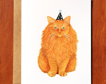 Ginger Cat Birthday Card, Hand-Painted Watercolour Cat Greeting Card