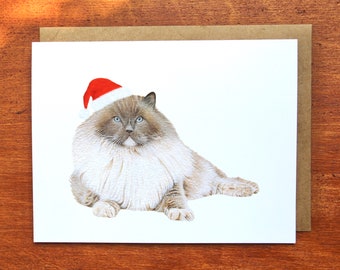 Ragdoll Christmas Watercolour Greeting Card, Hand-Painted Watercolour Cat Christmas Card