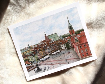 Lámina artística en acuarela del casco antiguo de Varsovia, lámina artística de viaje a Polonia