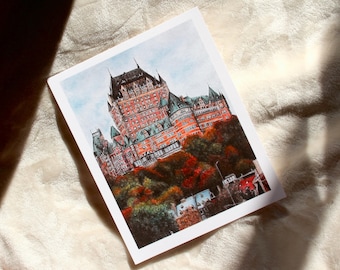 Lámina artística en acuarela del Castillo Frontenac, lámina artística de la ciudad de Quebec, lámina artística de viajes a Canadá.