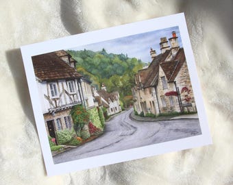 Lámina artística en acuarela de los Cotswolds, lámina artística de viajes por Inglaterra