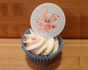 12 Edible Easter Rabbit Ears and Basket Wafer Cupcake Toppers Precut with Free Postage