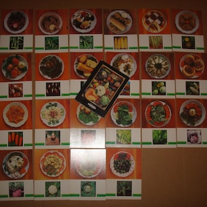 Pratos de vegetais. Conjunto completo de 22 cartões postais vintage soviéticos, russos, com fotos coloridas, 1990, livro de receitas da urss, receitas, ilustrações, fotos, livro de receitas