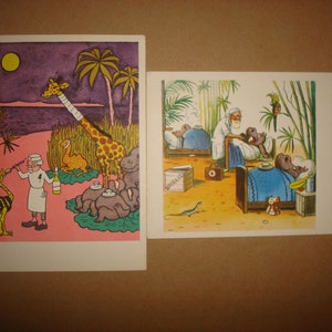 Doutor Aibolit e animais dos anos 1960. 2 cartões postais soviéticos russos infantis vintage, artistas da URSS de 1962, Suteev e Mogilevsky. Cartão postal de Aybolit