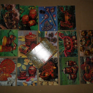 Cartões postais soviéticos. Khokhloma 1970. Conjunto completo vintage de 14 cartões postais fotográficos russos 1981 livro hohloma Хохлома