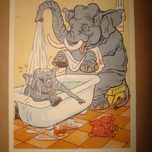 Éléphants des années 1950. vintage Russe Soviétique Enfants carte postale inutilisée 1956 URSS vieil artiste des années 1950 Bajenov humour Баженов Rare